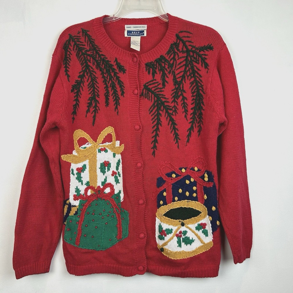 Vintage Cardigan Sweater Womens Medium Embroidered Christmas Holiday Red Cotton